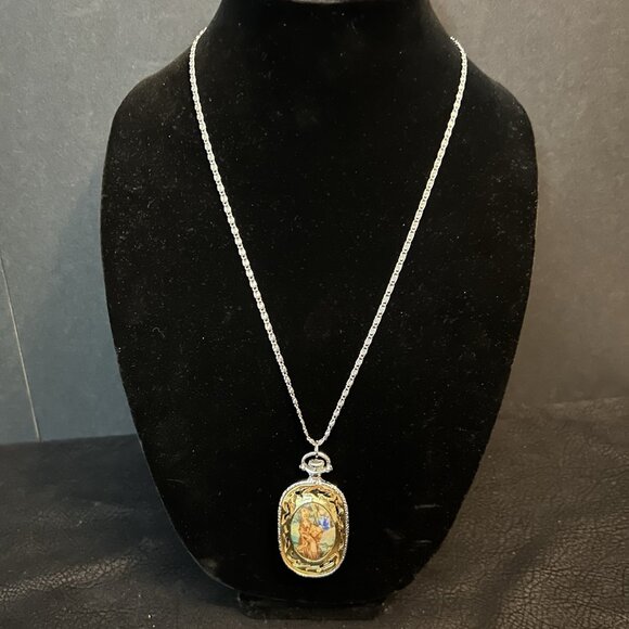Vintage Victorian Courting Couple Pendant Porcelain Silver & Gold Tone Sz 24” - Picture 1 of 7